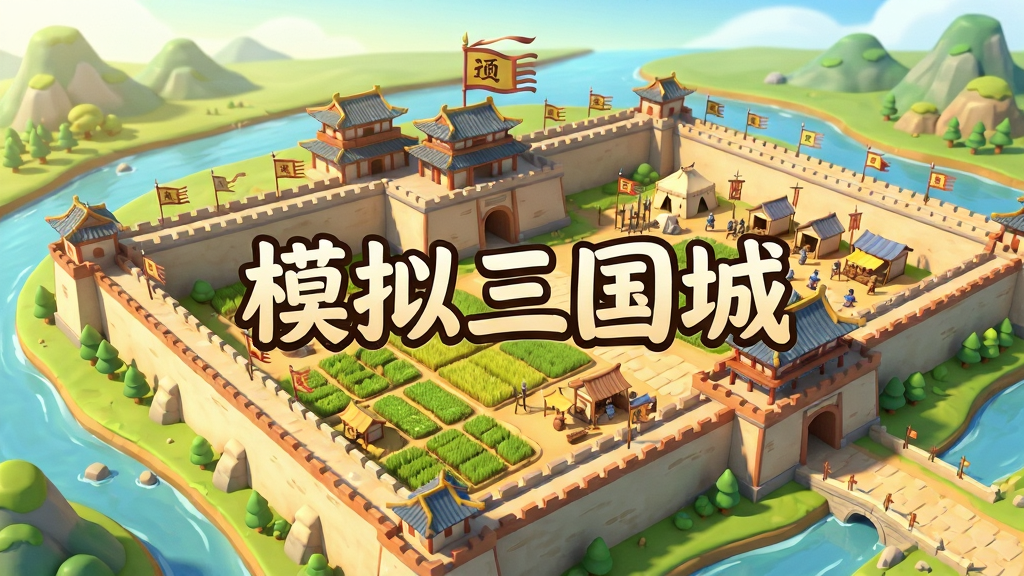 一座中国古代三国时期的城池全景,城墙高耸、城楼旗帜飘扬,城内有农田、兵营、市集等建筑错落分布,城外有河流与山丘环绕,画面中央用醒目字体写“模拟三国城”,整体采用国风卡通渲染风格,色彩温暖明亮,细节丰富,画质清晰干净,无多余元素