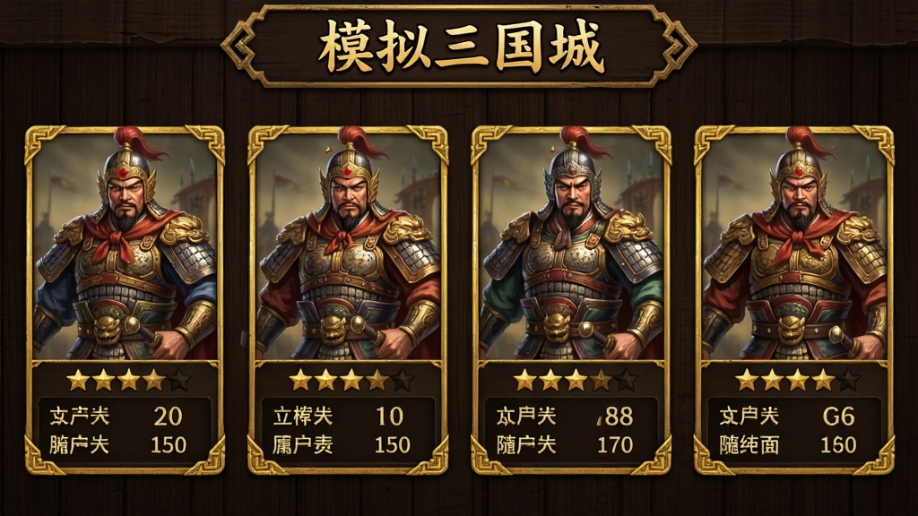 三国风格武将卡牌展示界面,画面中并列排列多位身穿铠甲的三国武将形象,每位武将下方有星级与属性数值,背景为深色木质纹理,顶部标题写“模拟三国城”,卡牌边框采用鎏金装饰,整体风格古朴精致,画质高清,排版整齐干净