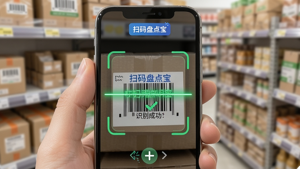 画面主体是一只手握手机对准商品包装上的条码进行扫描,屏幕中央显示扫描框与
