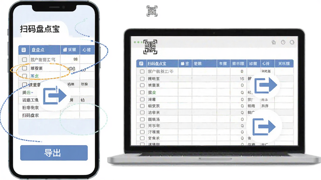 画面主体是一部手机屏幕展示盘点数据表格与导出按钮,旁边有一台笔记本电脑显示相同的表格文件,布局为左右并列、手机在前电脑在后,排版规整,风格为商务办公扁平插画,细节包含表格线条、导出箭头图标、