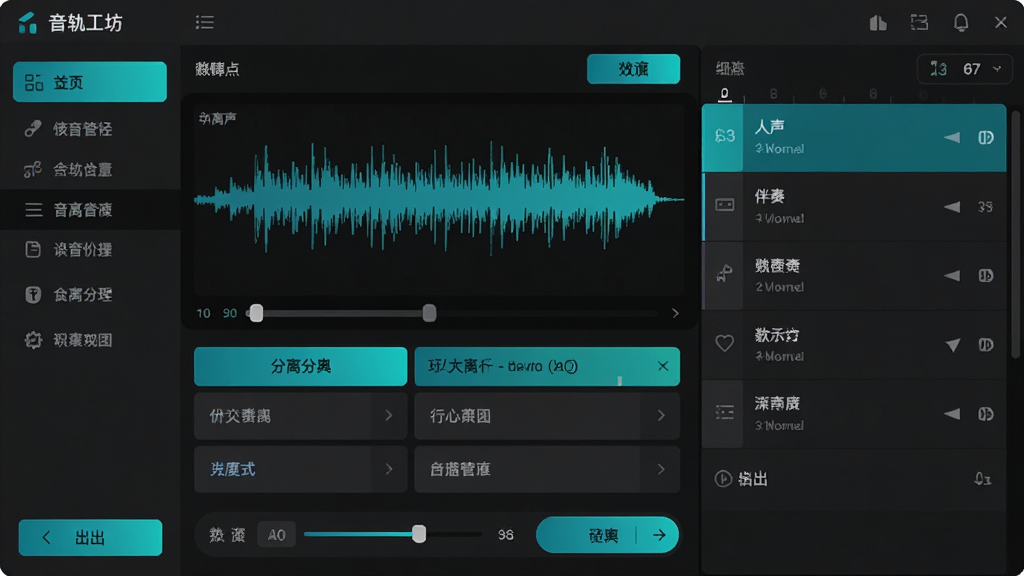 音轨工坊软件主界面展示,画面中央是简洁的音频波形图与分离轨道选项,左侧为功能导航栏,右侧显示人声、伴奏、鼓点等轨道列表,整体采用深色主题搭配蓝绿色高亮按钮,布局清晰规整,风格现代科技感,细节包含音量滑块与导出按钮,画质高清,干净无多余元素
