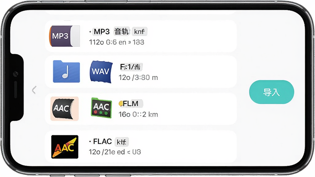 音轨工坊多格式音频导入界面,画面展示手机文件选择列表,列表中包含MP3、WAV、AAC、FLAC等格式的音频文件图标,右侧有导入按钮,界面采用浅色卡片式布局,风格清新简约,细节包含文件大小与时长信息,画质高清,干净无多余元素