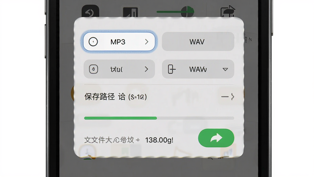 音轨工坊一键导出保存界面,画面展示手机屏幕上的导出设置弹窗,包含格式选择MP3与WAV、音质选项、保存路径选择,底部有导出进度条与完成提示,界面采用浅灰质感卡片风格,细节包含文件大小预估与分享按钮,画质高清,干净无多余元素