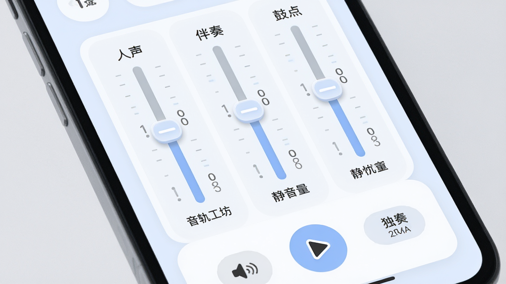 音轨工坊轨道音量调节面板,画面中手机屏幕显示三条独立音轨的垂直音量滑块,分别标注人声、伴奏、鼓点,滑块旁有实时音量数值,底部有播放控制按钮,界面采用柔和圆角设计,风格清爽浅色,细节包含静音与独奏切换按钮,画质清晰,干净无多余元素