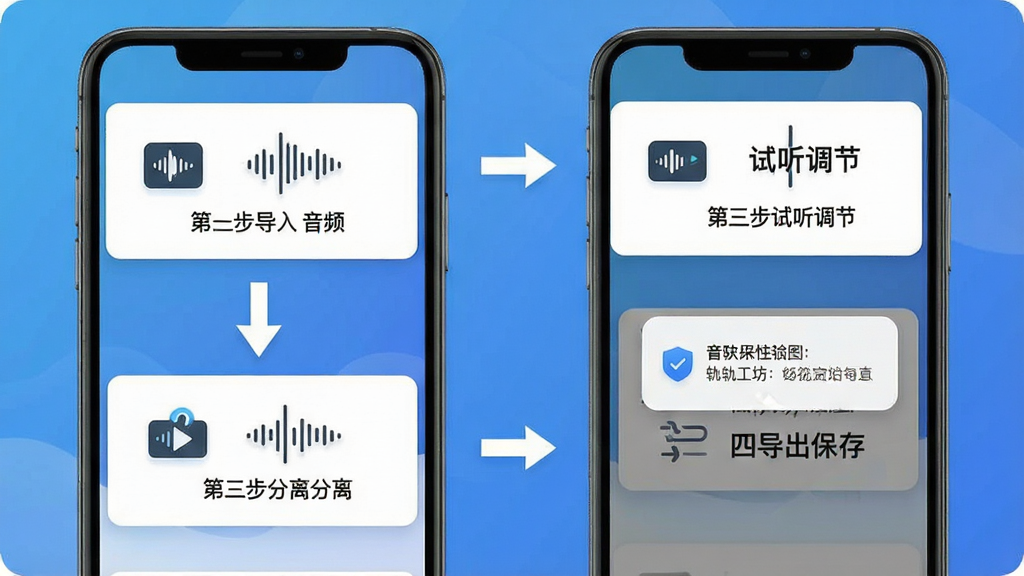 音轨工坊新手操作指引示意图,画面展示手机屏幕分步操作流程,第一步导入音频、第二步开始分离、第三步试听调节、第四步导出保存,每步配有简洁图标与文字说明,界面采用蓝色渐变背景与白色卡片,风格友好清晰,细节包含箭头引导与权限提示弹窗,画质高清,干净无多余元素