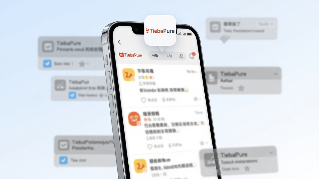 画面主体为一台竖屏智能手机,屏幕中央显示简洁清爽的贴吧信息流界面,顶部有“TiebaPure”字样的小型悬浮标识;手机周围环绕着被淡化的灰色广告弹窗与推送图标,形成对比;布局采用居中构图,手机略微倾斜,背景为浅蓝到白色的柔和渐变;风格为现代扁平化科技插画,线条干净利落;细节上手机边框有轻微高光,广告图标带半透明虚化效果,屏幕内文字清晰但不过分锐利;画质为高清2K,整体干净无多余元素