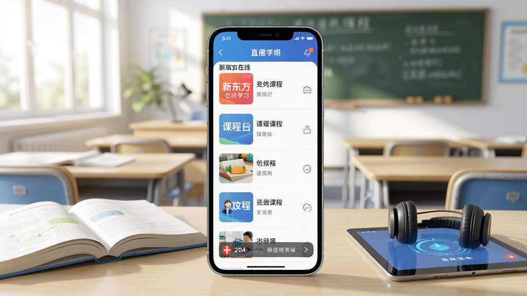 新东方在线学习应用主界面展示,手机屏幕中呈现课程列表与直播入口,背景为明亮教室场景,布局简洁清晰,风格现代教育科技感,细节包含课本、耳机、平板电脑等学习元素,画质高清,干净无多余元素