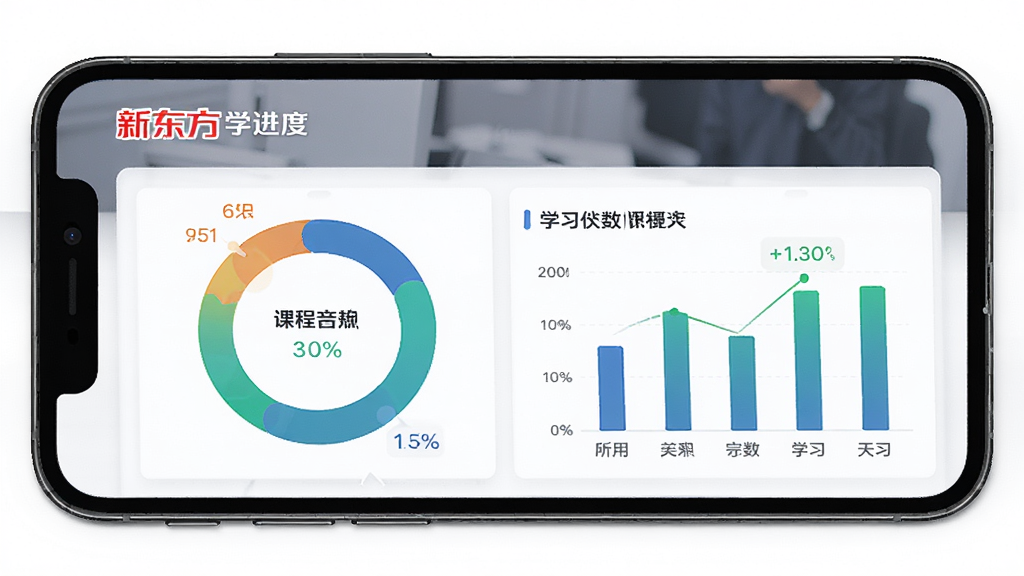 新东方学习进度仪表盘界面,手机屏幕展示环形图与柱状图,布局为数据面板风格,风格简洁商务,细节包含课程名称、完成百分比、学习天数,画质高清,干净无多余元素