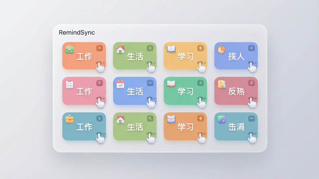 画面主体为一块悬浮的半透明面板,面板上排列着多个彩色标签卡片,分别标注“工作”“生活”“学习”等字样,卡片按网格整齐排列,布局为居中对称构图,排版疏密有致,风格为柔和圆角卡片式设计插画,细节包括每张卡片角落的小图标与拖拽手柄,画质细腻柔和,背景为浅灰渐变,无多余装饰元素,图中出现文字“RemindSync”