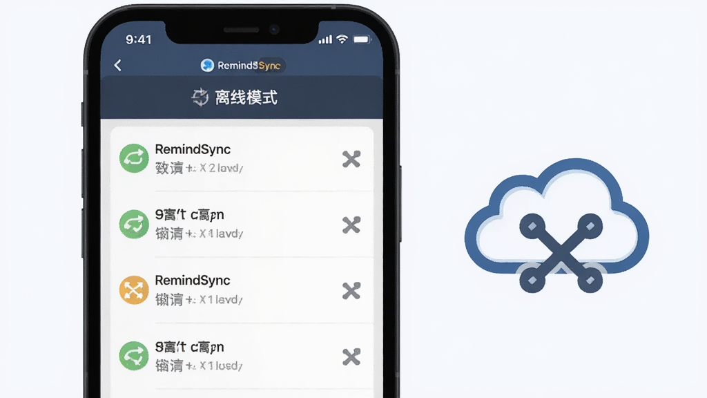画面主体为一部手机屏幕显示“离线模式”状态提示条,屏幕内提醒清单正常展示且带有待同步小图标,手机旁放置一个云朵与断网符号组合的图标,布局为手机居中偏左构图,右侧留白放置图标,排版简洁明了,风格为扁平化信息图插画,细节包括清单条目右侧的灰色待同步标记与顶部状态栏的离线标识,画质清爽干净,背景为浅色纯色,无多余元素,图中出现文字“RemindSync”