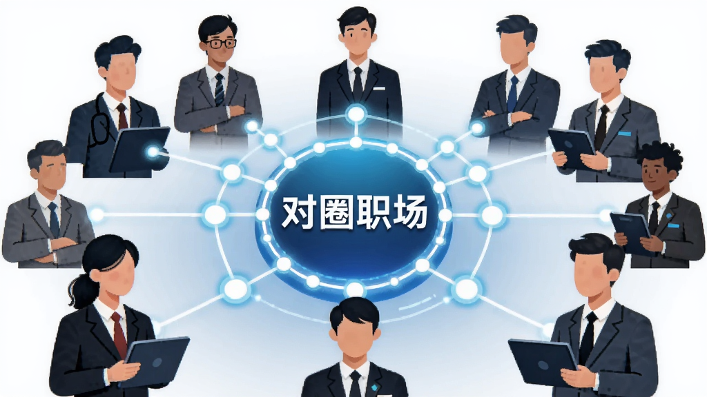 一张AI生成的插画,画面中多位不同职业的人物形象围绕一个发光的圆形网络节点相连,中心位置显示