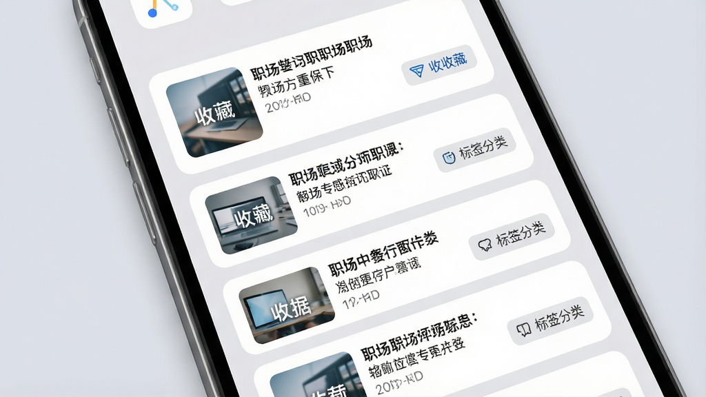 一张展示手机应用收藏夹界面的图片,屏幕中列出多条职场文章卡片,带有