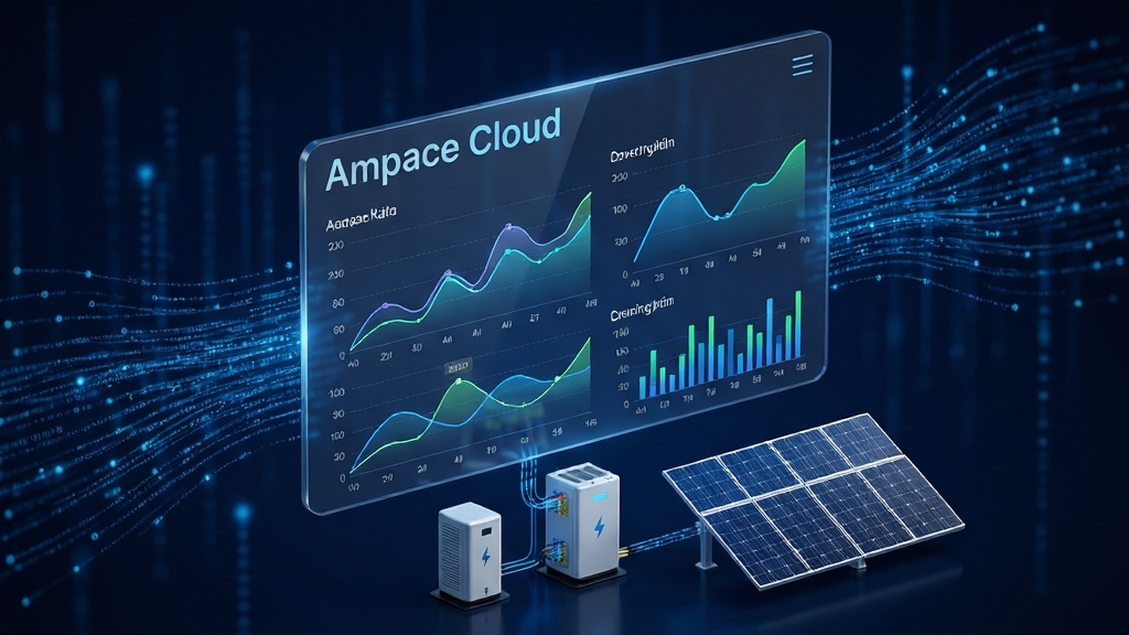 画面主体为一块悬浮的透明数据面板,面板上绘制“Ampace Cloud”字样与多组动态折线图、柱状图,展示电量变化曲线;面板下方连接家庭储能设备与光伏板,背景为深蓝色数据流光线;科技感UI风格,布局层次分明,细节精致,画质高清,干净无杂乱元素
