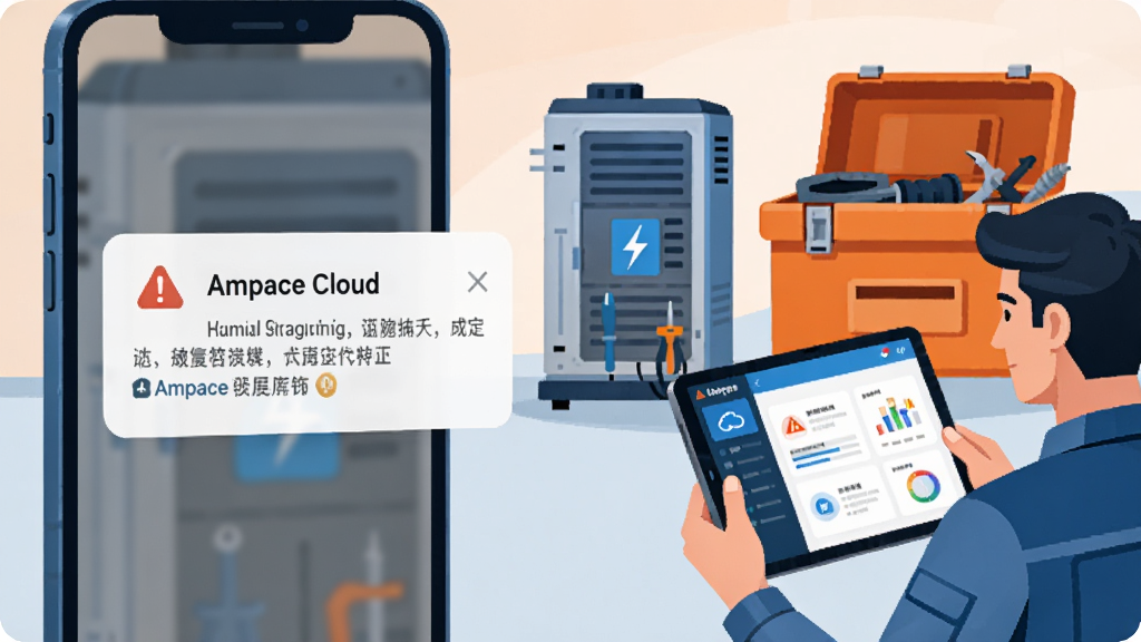 画面展示一部手机屏幕弹出“Ampace Cloud”告警通知卡片,卡片旁有工程师手持平板查看故障诊断界面;背景为家庭储能设备与工具箱,色调以橙色警示色与蓝色科技色搭配;扁平化矢量插画风格,构图左右平衡,细节清晰,画质干净,无多余元素