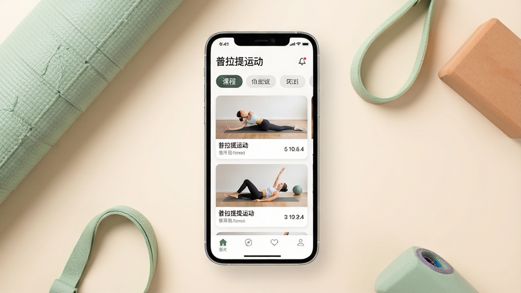 一张展示手机健身应用界面的图片,画面中央是一部竖屏智能手机,屏幕内显示“普拉提运动”应用的主页,主页上方有课程分类标签,中部是训练课程卡片列表,卡片上带有动作缩略图和时长标注,底部为导航栏。手机周围点缀淡绿色瑜伽垫、拉伸带和瑜伽砖等健身小物,背景为浅米色柔和渐变。整体风格清新简约,排版干净有序,细节清晰,画质高清,无多余元素。