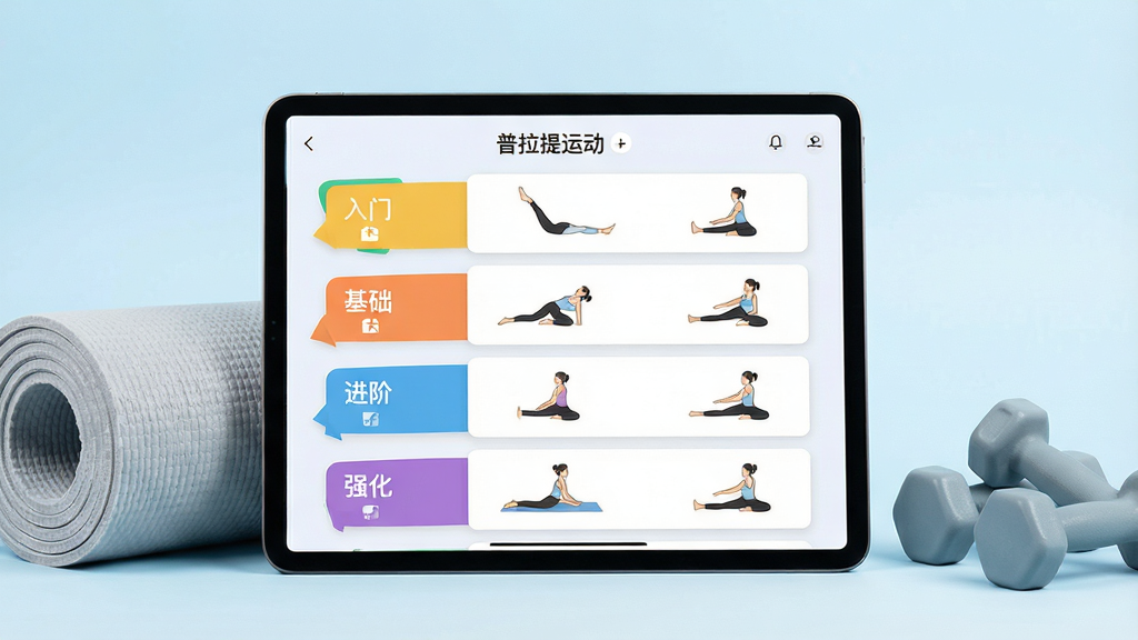 一张展示健身应用课程分级界面的图片,画面主体为一部横放的平板电脑,屏幕中显示“普拉提运动”的课程分级页面,页面从上到下依次排列入门、基础、进阶、强化四个层级卡片,每张卡片配有不同颜色的标签和动作示意图。平板旁边放置一卷浅灰色瑜伽垫和一对小哑铃,背景为淡蓝色渐变。整体风格清爽现代,排版层次分明,细节丰富,画质清晰,无多余元素。