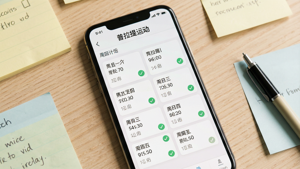 一张展示健身应用训练计划界面的图片,画面主体为一部竖屏手机,屏幕内显示“普拉提运动”的周训练计划表,表格中排列着周一至周日的课程卡片,每张卡片标注课程名称与时长,部分卡片带有已完成的对勾标记。手机周围散落几张便签纸和一支笔,背景为浅木色桌面。整体风格温馨自然,排版整洁,细节丰富,画质清晰,无多余元素。