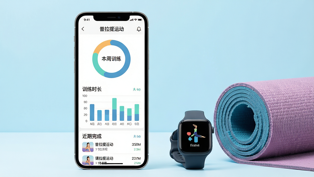 一张展示健身应用数据统计界面的图片,画面中一部智能手机竖屏显示“普拉提运动”的训练数据页面,页面上方是本周训练天数环形图,中部是训练时长柱状图,下方列出近期完成的课程记录列表。手机旁边放着一块运动手表和一条卷起的瑜伽垫,背景为浅蓝色渐变。整体风格科技感与清新感结合,排版清晰,细节精准,画质高清,无多余元素。