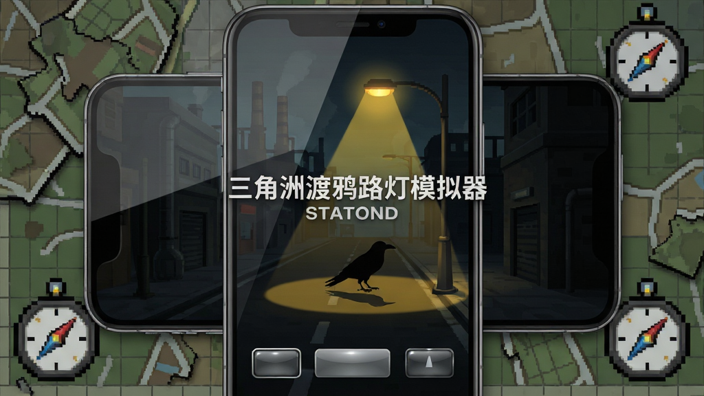 画面主体为一款手机屏幕,屏幕中央显示“三角洲渡鸦路灯模拟器”的启动界面,界面背景是昏暗的工业区街道与一盏发出暖黄光晕的路灯,路灯下投射出渡鸦剪影,手机周围环绕着像素风格的战术地图碎片与指南针图标,布局采用居中对称构图,风格为写实与扁平化结合的科技感,细节包含屏幕反光、按钮高光与地图网格纹理,画质清晰干净,无多余装饰元素