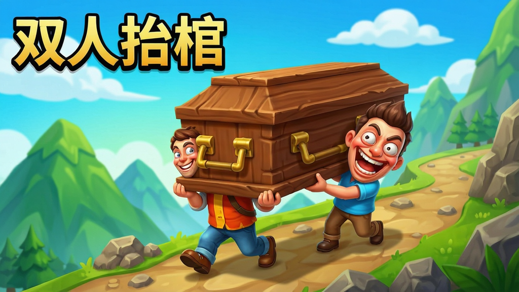 一张竖版手机游戏宣传图,画面中央是两名卡通角色一前一后抬着一口棕色木棺,行走在崎岖的山路上,背景有绿色山丘和蓝天白云,角色表情夸张滑稽,画面左上角用粗体字写着“双人抬棺”,整体风格为明亮活泼的3D卡通渲染,色彩饱和度高,构图饱满,画质清晰干净,无多余元素