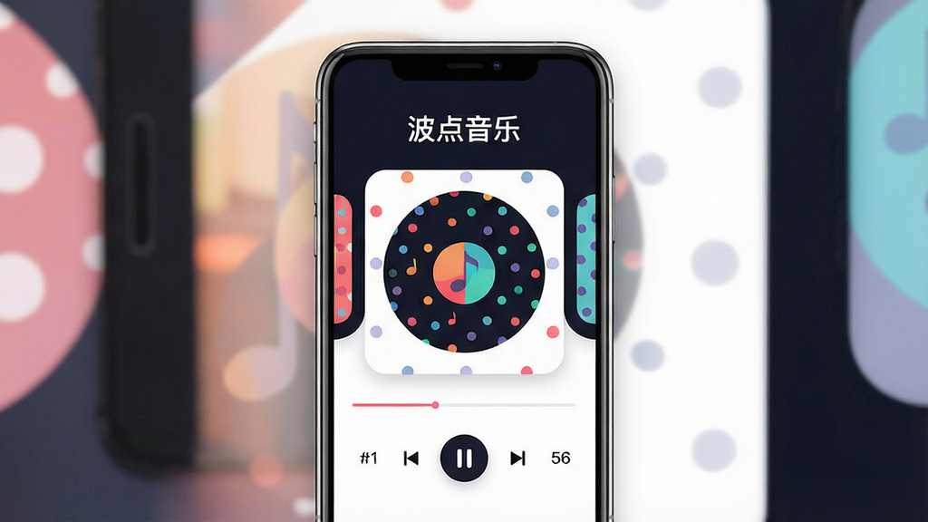 一幅以“波点音乐”为主题的手机应用界面展示图,主体为居中放置的智能手机,屏幕上显示音乐播放器主界面,包含圆形专辑封面与播放控制按钮;布局采用上下分层,上方为应用名称“波点音乐”文字标识,下方为手机与界面细节;排版简洁居中,留白充足;风格为现代扁平化UI设计,色彩以深色背景搭配明亮点缀色;细节上突出波点纹理装饰与圆角卡片元素,界面文字清晰;画质高清,干净无多余元素