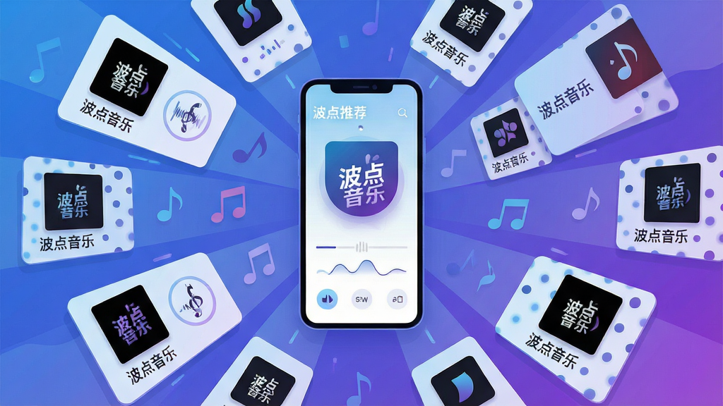 一幅表现“波点音乐”智能推荐功能的场景图,主体为悬浮的手机界面与周围环绕的音乐卡片,卡片上带有“波点音乐”文字标识;布局为中心放射状,手机居中,音乐卡片向四周散开;排版富有动感,元素错落有致;风格为科技感扁平插画,色调以蓝紫渐变为主;细节上卡片呈现不同曲风图标与波点装饰,线条流畅;画质清晰,干净无多余元素