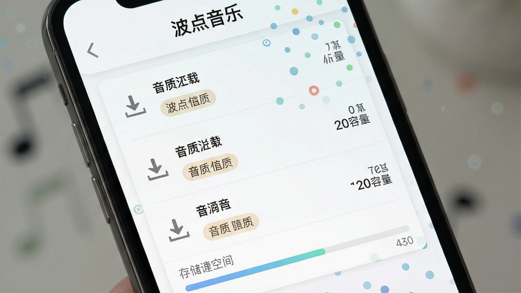 一幅展示“波点音乐”离线下载管理界面的图片,主体为手机屏幕特写,屏幕上显示下载列表与存储空间进度条,界面顶部有“波点音乐”字样;布局为竖向排列的列表结构,进度条位于下方;排版规整,信息层级分明;风格为清爽浅色UI风格;细节上包含下载箭头图标、音质标签与容量数字,波点元素点缀于背景;画质高清,干净无多余元素