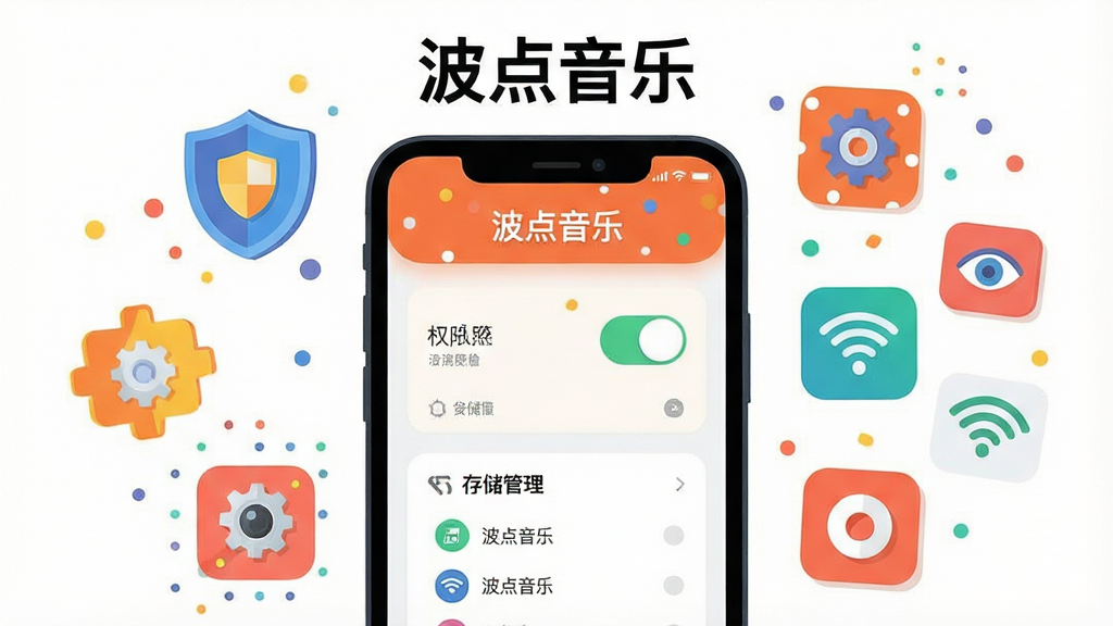 一幅表现“波点音乐”移动端使用技巧的示意图,主体为手机屏幕与周围漂浮的设置图标,屏幕内显示权限开关与存储管理界面,顶部有“波点音乐”文字;布局为手机居中,图标环绕四周;排版活泼但有序;风格为扁平化信息图风格,色彩明快;细节上包含盾牌、齿轮、WiFi等图标与波点装饰,文字标注清晰;画质干净,无多余元素