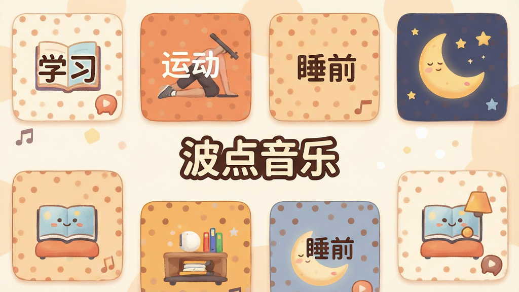 一幅以“波点音乐”场景歌单为主题的概念图,主体为多个并排的方形歌单卡片,卡片上分别标注“学习”“运动”“睡前”等文字,中央有“波点音乐”标识;布局为网格状排列,卡片间距均匀;排版整齐有序;风格为柔和圆角插画风,色彩温暖;细节上卡片带有场景小图标与波点底纹,文字清晰;画质细腻,干净无多余元素