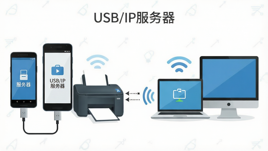 一张表现跨设备USB共享概念的插画,画面左侧是一部安卓手机插着U盘和打印机,手机屏幕显示“USB/IP服务器”运行状态,右侧是一台笔记本电脑和一台台式机通过无线信号连接到手机,中间用虚线箭头表示数据流向,风格为现代简约矢量图,布局左右对称,细节包括设备图标和网络波纹,画质清晰干净,图片中带有文字“USB/IP服务器”