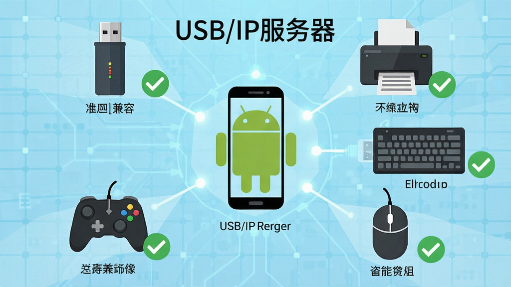 一张展示USB/IP服务器多设备兼容性的信息图,画面中央是安卓手机图标,四周环绕U盘、打印机、键盘、鼠标、游戏手柄等USB设备图标,每个图标旁有绿色对勾标记,背景为浅蓝色科技网格,风格为扁平化图标设计,布局呈放射状,细节包括设备名称标签,画质干净整洁,图片中带有文字“USB/IP服务器”