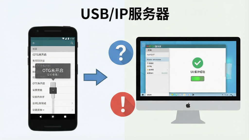 一张展示安卓手机使用USB/IP服务器时常见问题排查的示意图,画面分为左右两部分,左侧是手机屏幕显示“OTG未开启”的提示和设置路径箭头,右侧是电脑屏幕显示连接成功的界面,中间有问号与感叹号图标,风格为扁平化说明图,布局清晰对比,细节包括设置菜单截图样式和连接状态灯,画质干净整洁,图片中带有文字“USB/IP服务器”