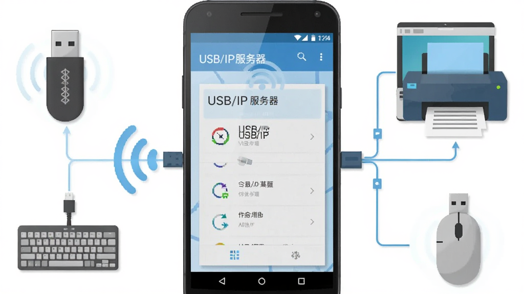 一张展示USB/IP服务器软件核心功能的场景图,画面中央是一部安卓手机屏幕显示USB/IP服务器软件界面,手机通过无线网络连接图标与一台笔记本电脑和一台打印机相连,周围环绕U盘、键盘、鼠标等USB设备图标,整体布局清晰对称,风格为扁平化科技插画,细节包括信号波纹和连接线条,画质干净明亮,无多余元素,图片中带有文字“USB/IP服务器”