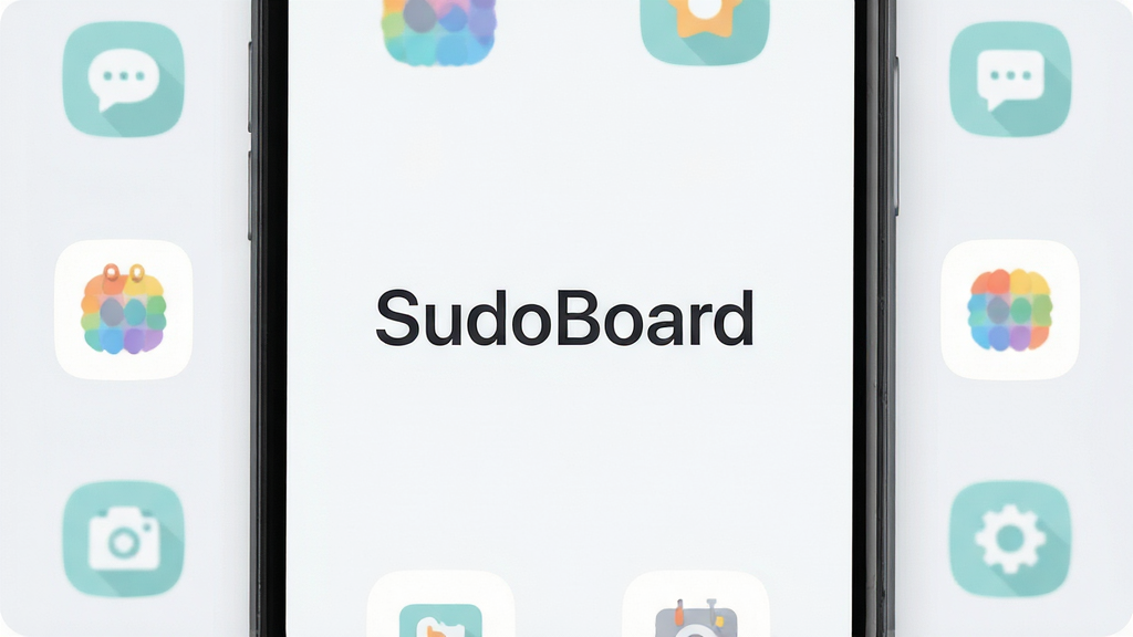 手机界面特写,屏幕中央展示“SudoBoard”清爽主界面,四周环绕简洁图标元素,布局为对称构图,风格为清新浅色扁平风,细节包含留白充足、浅灰背景、柔和配色,画质高清,干净,无多余元素