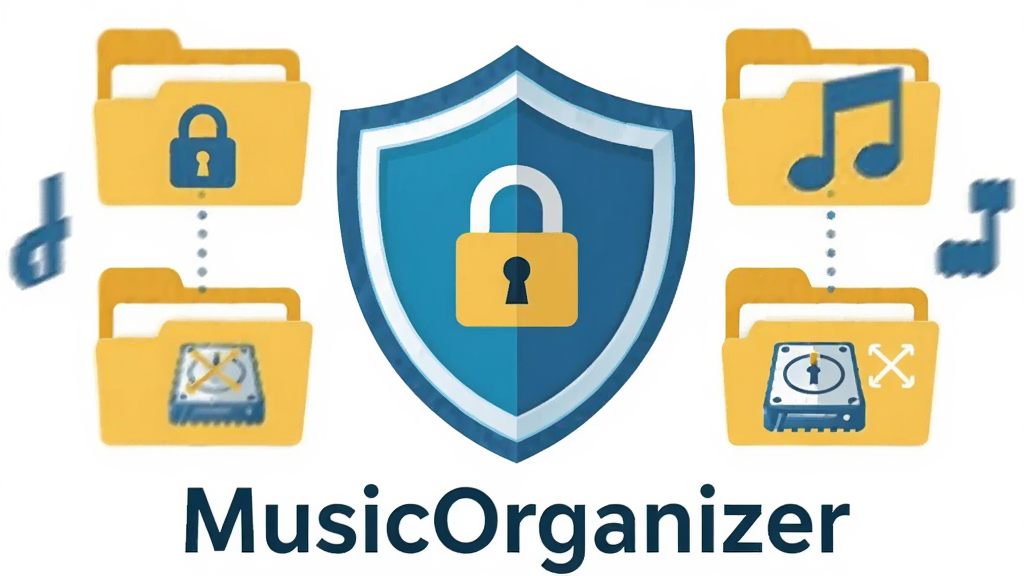 画面主体为 MusicOrganizer 离线运行与隐私保护概念图,布局为中央盾牌图标与周围环绕的本地文件夹、音符元素,排版上软件名称