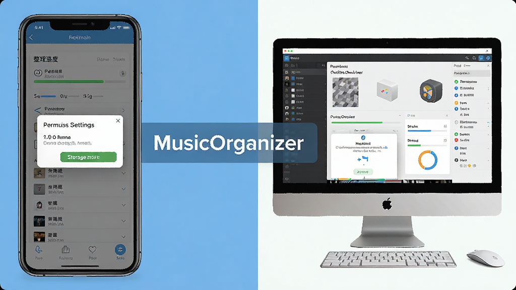 一张展示 MusicOrganizer 在手机与电脑端操作对比的场景图,主体为左侧手机屏幕显示整理进度与右侧电脑屏幕显示批量编辑界面,布局为左右并排构图,排版上软件名称