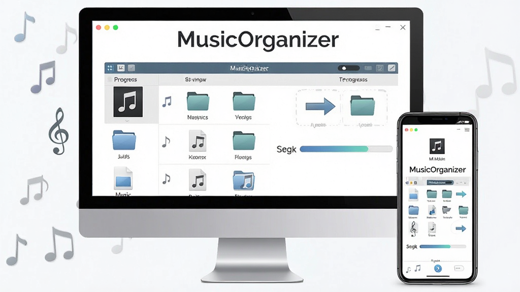 一张展示 MusicOrganizer 软件主界面的场景图,主体为电脑屏幕与手机屏幕并排展示,屏幕上呈现音乐文件列表与整理进度条,布局为居中对称构图,排版上软件名称