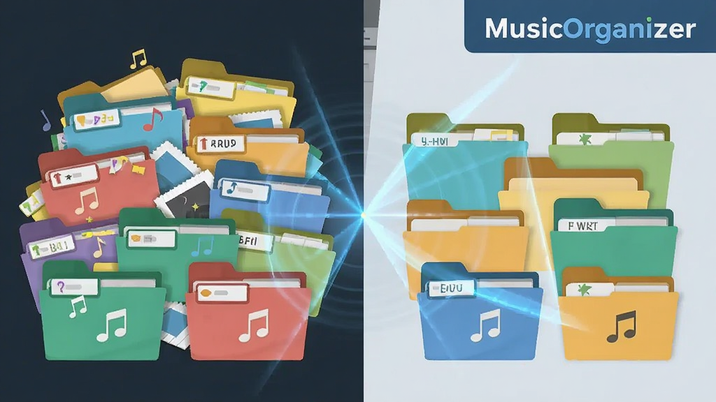 画面主体为 MusicOrganizer 自动分类功能的示意图,布局为左侧杂乱文件堆与右侧整齐分类文件夹的对比构图,排版上软件名称