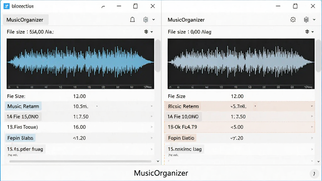 画面主体为 MusicOrganizer 重复文件检测界面,布局为左右分栏对比展示两个相似音频文件的详细信息,排版上软件名称