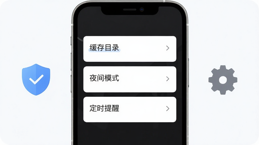 一张展示手机阅读应用新手设置引导页的示意图,手机屏幕显示「缓存目录」「夜间模式」「定时提醒」等设置选项卡片,旁边有盾牌安全图标和齿轮图标,风格清新浅色,布局规整,画质干净,无多余元素