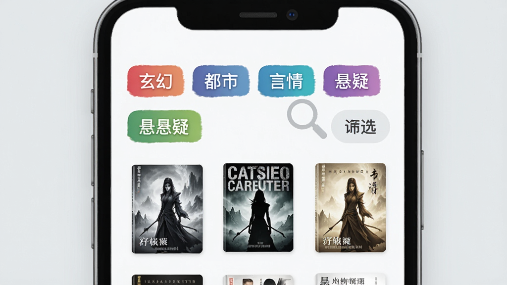 一张展示小说应用书库分类页面的示意图,画面主体为手机屏幕特写,屏幕上呈现「玄幻」「都市」「言情」「悬疑」等彩色分类标签和书籍列表,旁边有放大镜图标和筛选按钮,背景为浅灰色极简风格,布局清晰,画质干净,无多余装饰