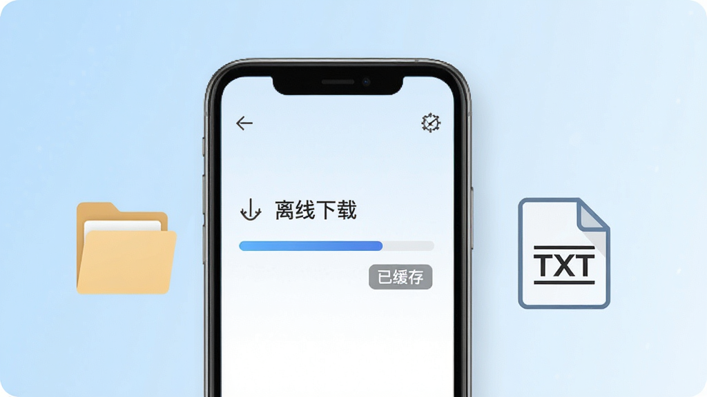 一张展示小说离线下载与本地导入功能的示意图,画面中手机屏幕显示下载进度条和「已缓存」标签,旁边有文件夹图标和TXT文档图标,背景为浅蓝色渐变,风格简约商务,细节清晰,画质干净,无多余元素