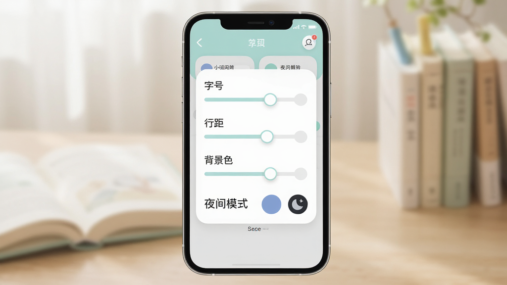 一张展示小说阅读设置面板的示意图,手机屏幕中央弹出设置菜单,包含「字号」「行距」「背景色」「夜间模式」等选项滑块和色块,界面风格柔和圆角,配色清新浅色,画质高清,排版整齐,干净无杂乱