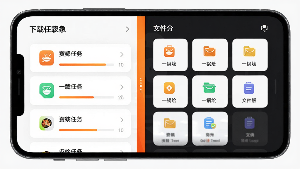 一部手机屏幕中显示“一锅烩”应用的多功能聚合面板,左侧为下载任务列表,右侧为文件分类网格,中间有橙色高亮的分隔条,整体布局为左右分栏排版,风格为现代扁平化设计,细节上每个卡片带有小图标和进度条,画质高清,画面干净,无多余元素