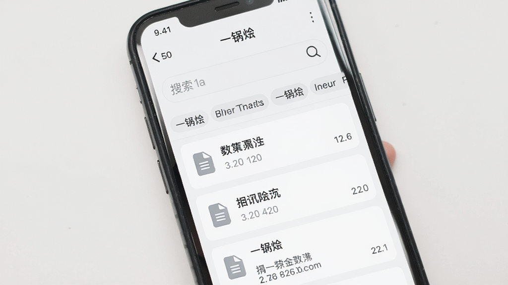 手机屏幕展示“一锅烩”应用的搜索界面,顶部为搜索输入框,下方为按类型筛选的标签按钮和结果列表,布局为上下结构排版,风格为浅色系极简设计,细节上结果条目带有文件图标和大小标注,画质清晰,画面干净,无多余元素