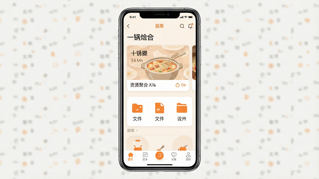 一张手机应用界面展示图,画面主体是一部竖屏智能手机,屏幕内呈现“一锅烩”应用的首页,包含资源聚合卡片、文件分类图标和底部导航栏,布局采用居中对称排版,风格为清爽简约的扁平化UI设计,细节上使用浅色背景搭配橙色主色调图标,画质清晰锐利,画面干净,无多余元素