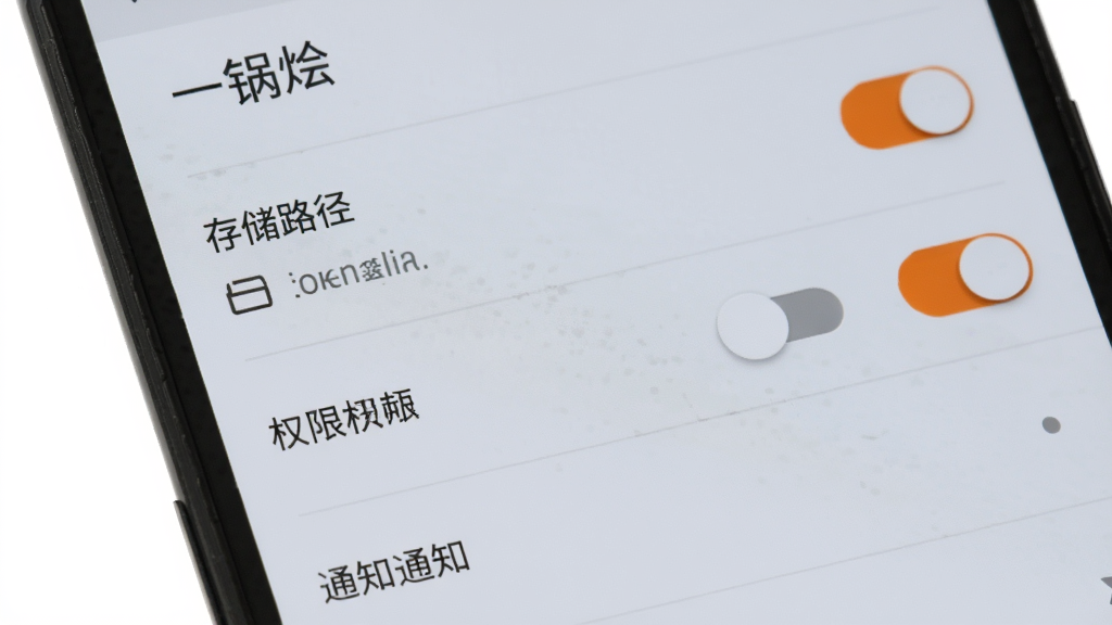 一部安卓手机屏幕显示“一锅烩”应用的设置页面,包含存储路径选择、权限开关和通知选项,布局为列表式排版,风格为浅灰质感扁平设计,细节上开关按钮为橙色高亮状态,画质清晰,画面干净,无多余元素