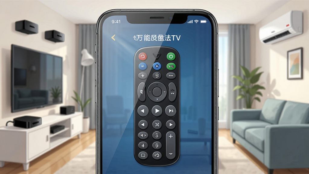 画面中心是一部现代智能手机,屏幕显示着万能遥控电视免费的应用程序界面,界面中央有一个醒目的虚拟遥控器面板,周围环绕着客厅场景中的智能电视、机顶盒和空调等家电,布局采用左右对称的展示方式,风格为现代科技感与居家生活融合的写实插画,细节上手机屏幕带有轻微的玻璃反光,遥控按钮立体感强,背景是温馨明亮的现代客厅环境,画质清晰锐利,干净无多余元素