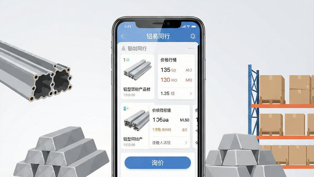 一张展示铝业移动应用界面的场景图,画面中央是一部竖屏智能手机,屏幕上显示“铝易同行”应用首页,包含铝型材产品列表、价格行情卡片和询价按钮;手机两侧分布着铝型材截面、铝锭堆垛和仓库货架等元素;布局采用中心对称的商务风格,背景为干净的浅灰渐变;细节上手机屏幕有柔和反光,产品卡片排列整齐,图标简洁;整体风格为现代商务扁平化插画,画质清晰,画面干净,无多余元素