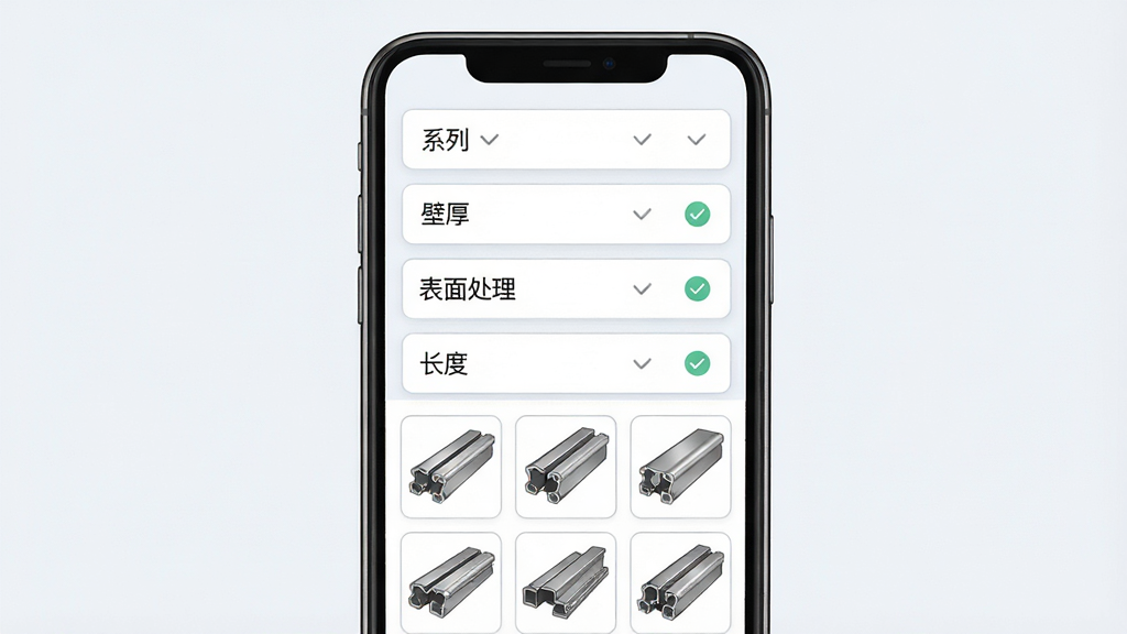 一张表现铝型材规格检索功能的界面示意图,主体为手机屏幕上的筛选面板,面板中排列着系列、壁厚、表面处理、长度四个下拉选项,下方是整齐的产品缩略图列表;布局为手机居中、筛选条件以卡片形式堆叠;风格为清爽的浅色系UI插画,细节上每个选项旁有小箭头和勾选标记,产品图带有金属质感;画质干净清晰,无杂乱装饰元素